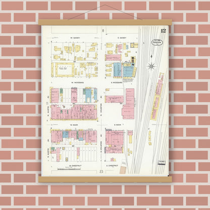 Old map wall art mockup — magnetic wood frame on brick wall — Sanborn Fire Insurance Map from Denison, Grayson County, Texas (1908), Sheet #0012