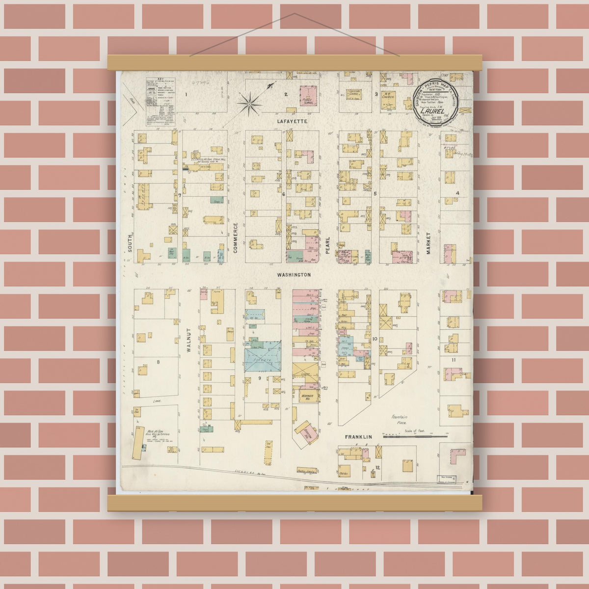 Old map wall art mockup — magnetic wood frame on brick wall — Sanborn Fire Insurance Map from Laurel, Franklin County, Indiana (1896), Sheet #0001
