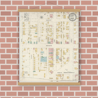 Old map wall art mockup — magnetic wood frame on brick wall — Sanborn Fire Insurance Map from Laurel, Franklin County, Indiana (1896), Sheet #0001