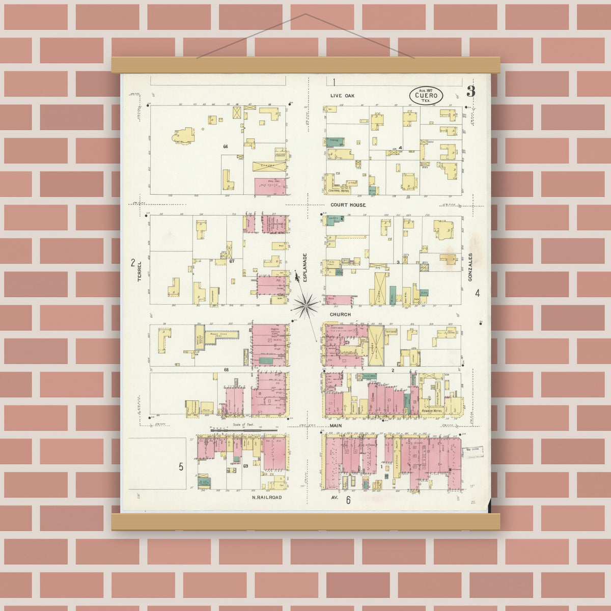 Old map wall art mockup — magnetic wood frame on brick wall — Sanborn Fire Insurance Map from Cuero, De Witt County, Texas (1907), Sheet #0003