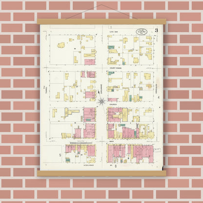Old map wall art mockup — magnetic wood frame on brick wall — Sanborn Fire Insurance Map from Cuero, De Witt County, Texas (1907), Sheet #0003