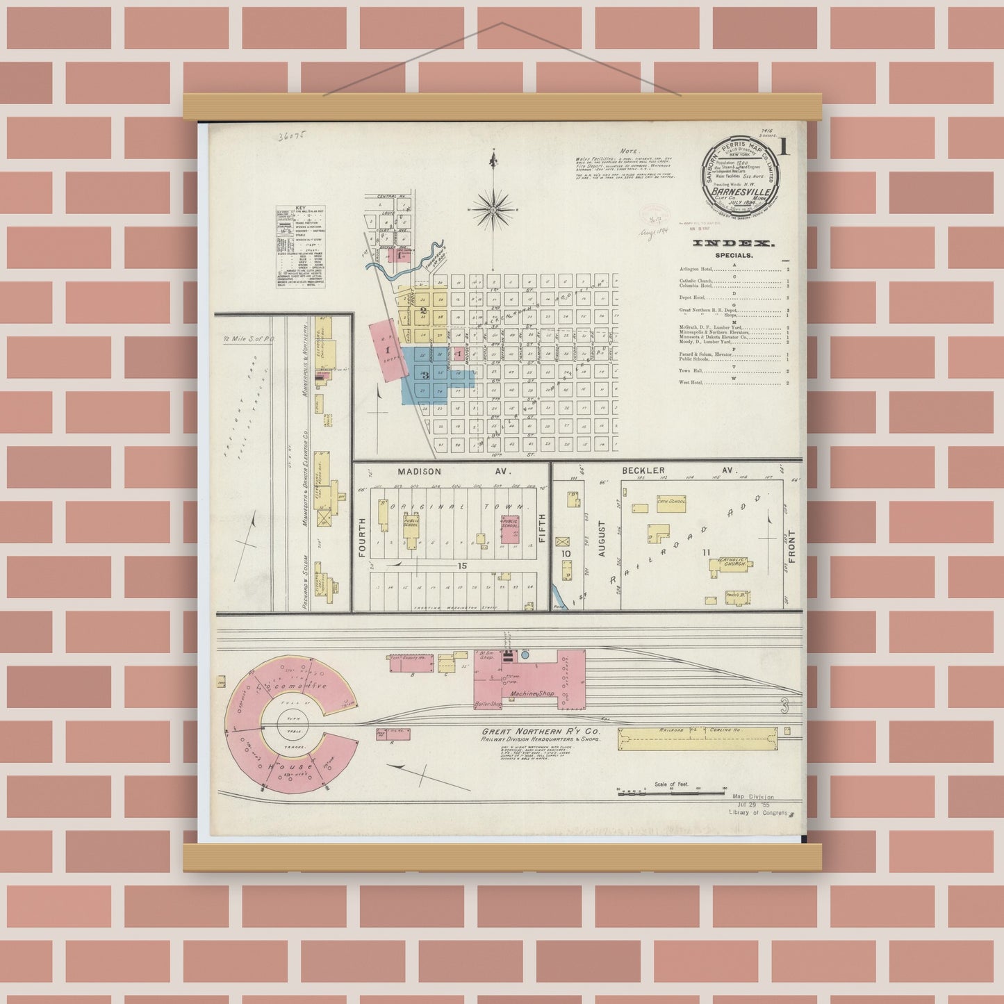 Old map wall art mockup — magnetic wood frame on brick wall — Sanborn Fire Insurance Map from Barnesville, Clay County, Minnesota (1894) - Complete Map Set