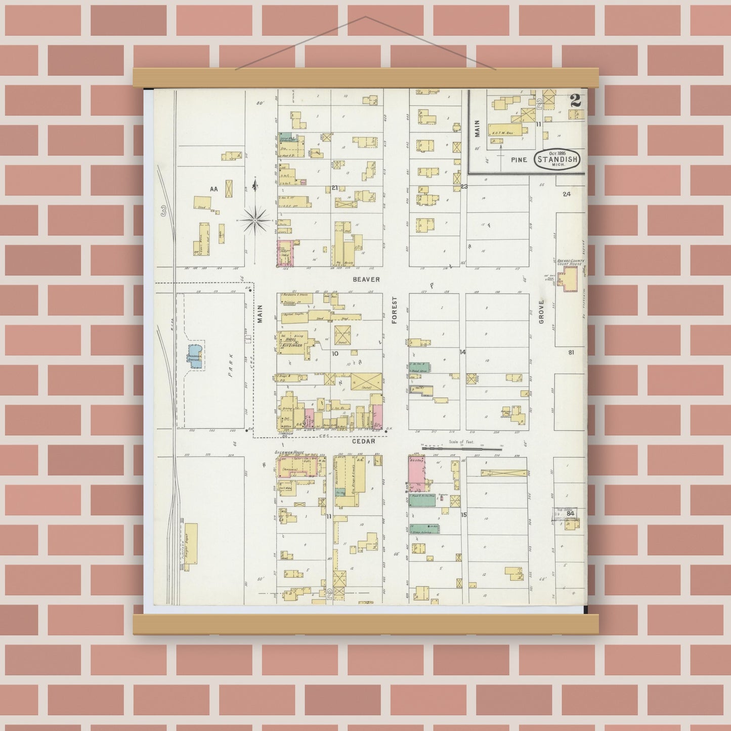 Old map wall art mockup — magnetic wood frame on brick wall — Sanborn Fire Insurance Map from Standish, Arenac County, Michigan (1895), Sheet #0002