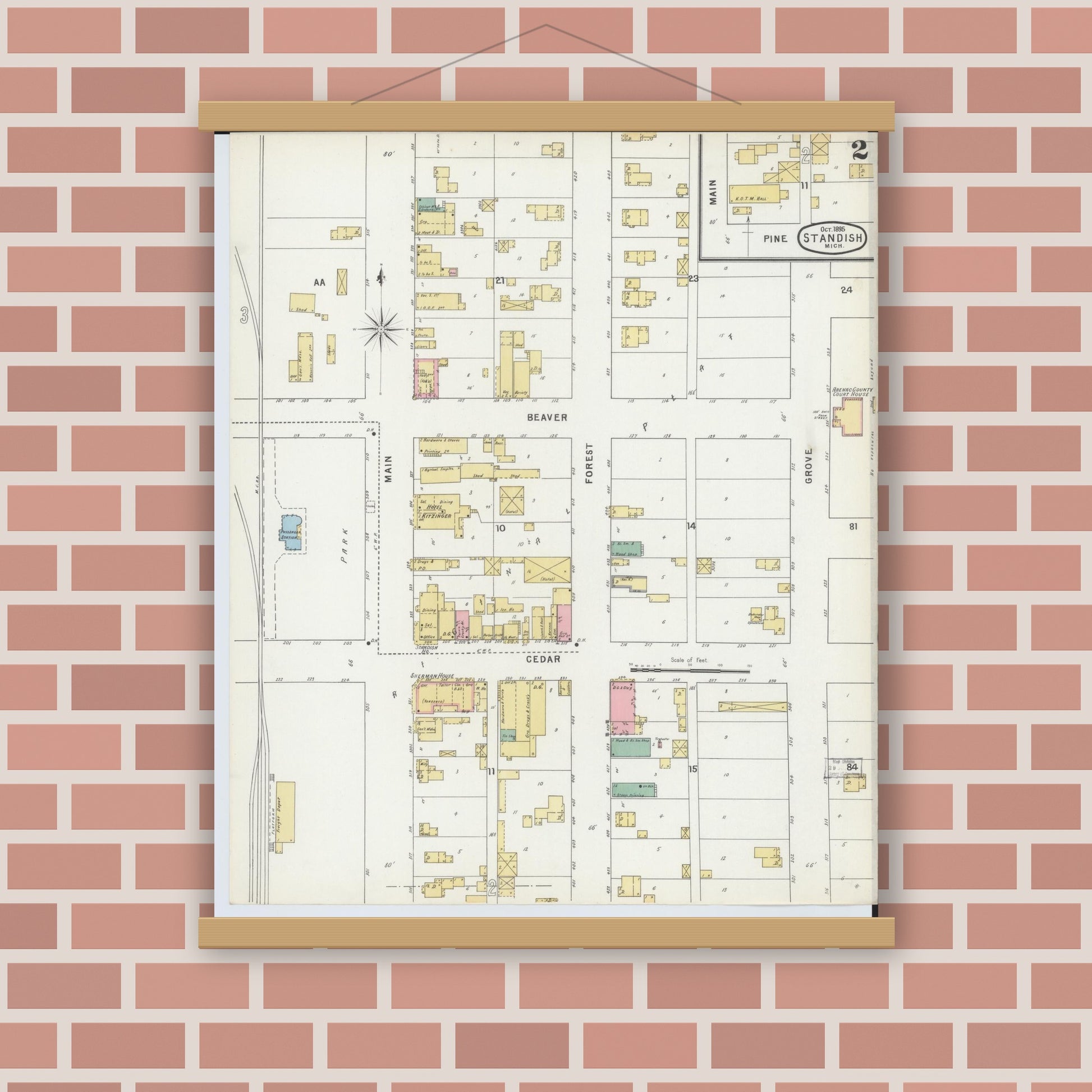 Old map wall art mockup — magnetic wood frame on brick wall — Sanborn Fire Insurance Map from Standish, Arenac County, Michigan (1895), Sheet #0002
