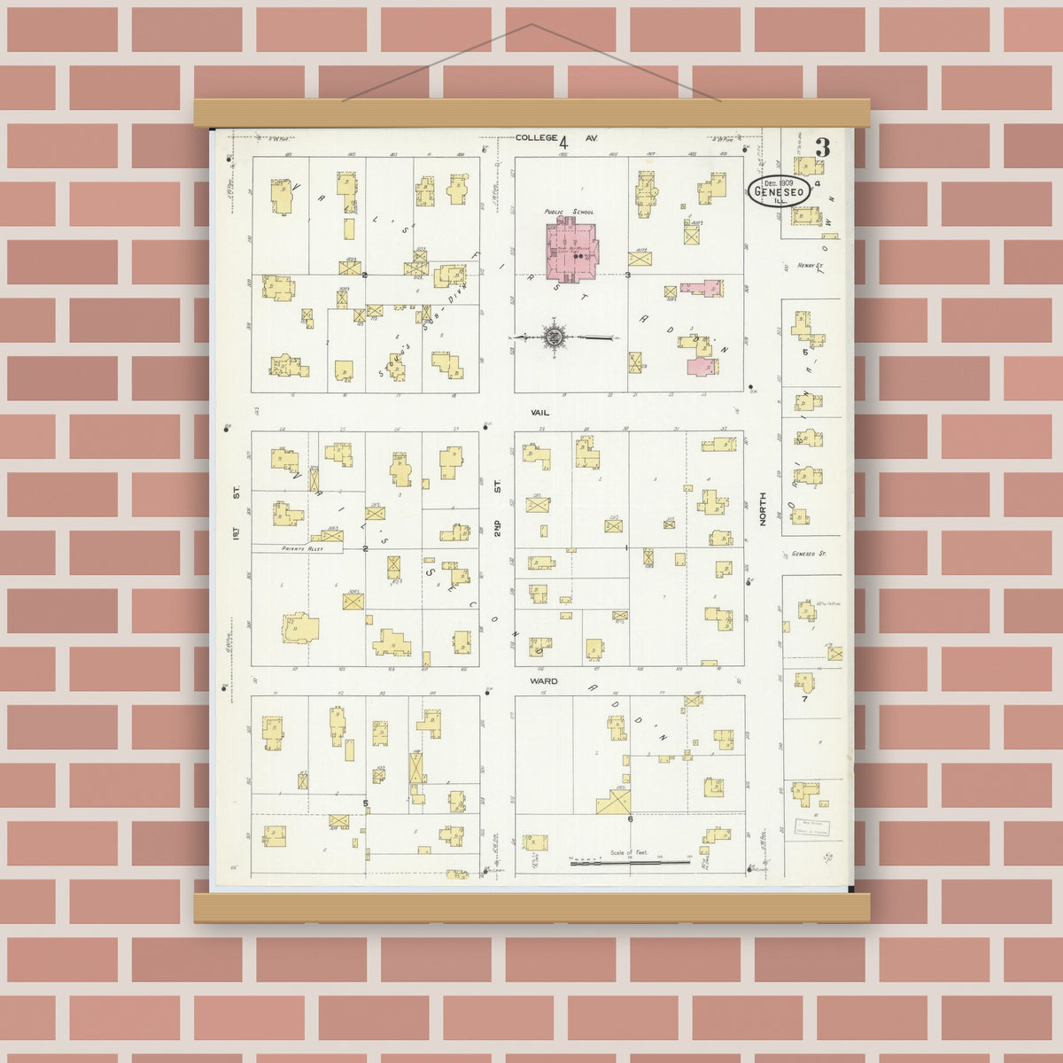 Old map wall art mockup — magnetic wood frame on brick wall — Sanborn Fire Insurance Map from Geneseo, Henry County, Illinois (1909), Sheet #0003