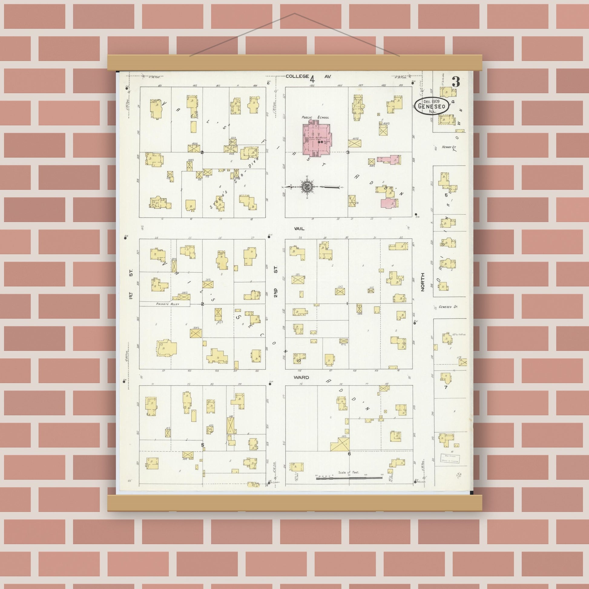 Old map wall art mockup — magnetic wood frame on brick wall — Sanborn Fire Insurance Map from Geneseo, Henry County, Illinois (1909), Sheet #0003