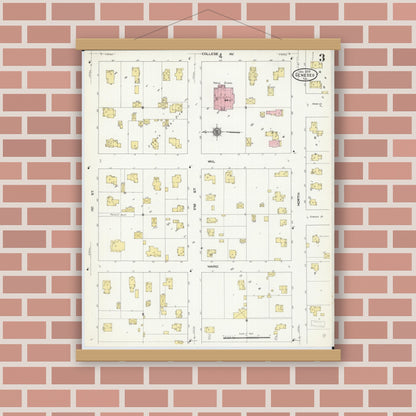Old map wall art mockup — magnetic wood frame on brick wall — Sanborn Fire Insurance Map from Geneseo, Henry County, Illinois (1909), Sheet #0003