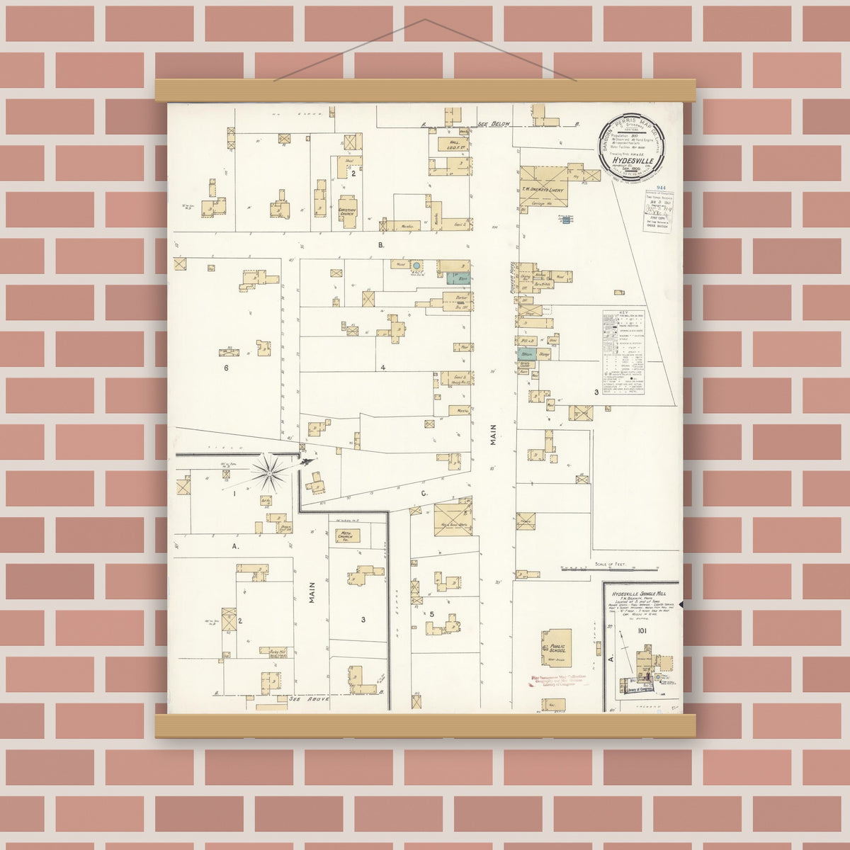 Old map wall art mockup — magnetic wood frame on brick wall — Sanborn Fire Insurance Map from Hydesville, Humboldt County, California (1900), Sheet #0001