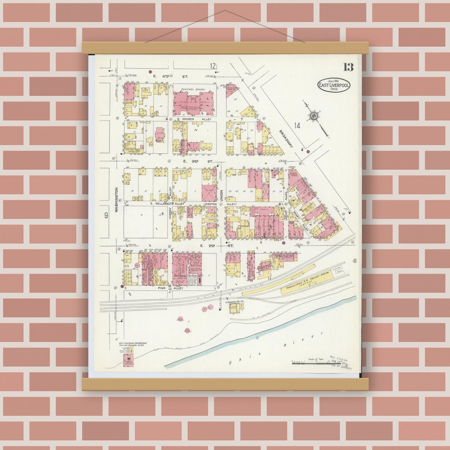 Old map wall art mockup — magnetic wood frame on brick wall — Sanborn Fire Insurance Map from East Liverpool, Columbiana County, Ohio (1913), Sheet #0013
