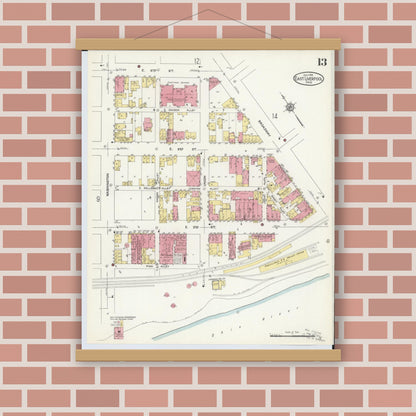 Old map wall art mockup — magnetic wood frame on brick wall — Sanborn Fire Insurance Map from East Liverpool, Columbiana County, Ohio (1913), Sheet #0013