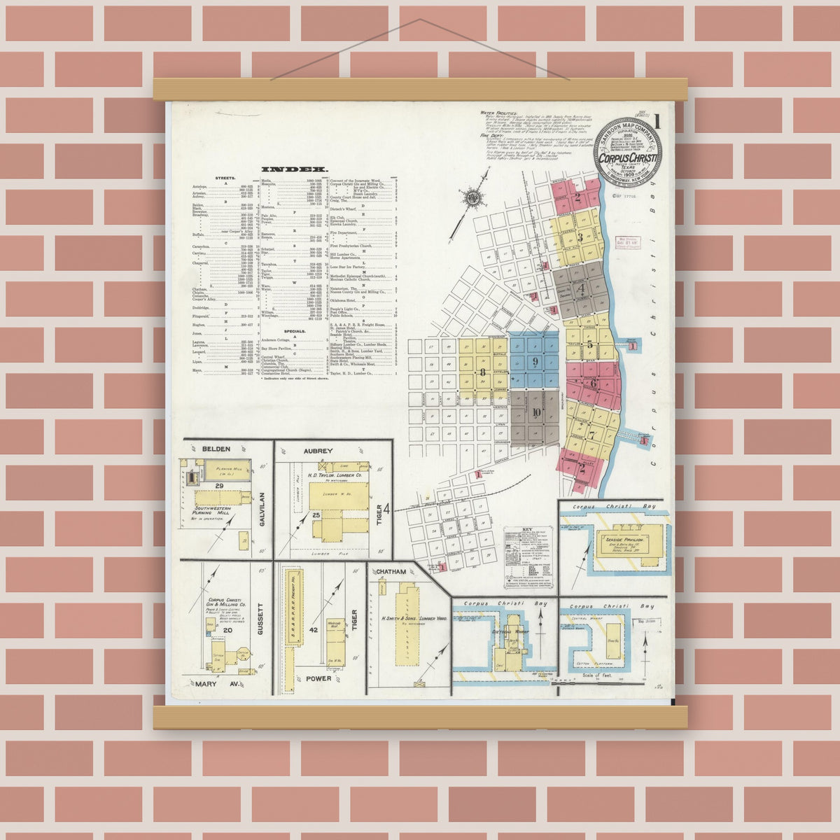 Old map wall art mockup — magnetic wood frame on brick wall — Sanborn Fire Insurance Map from Corpus Christi, Nueces County, Texas (1909) - Complete Map Set