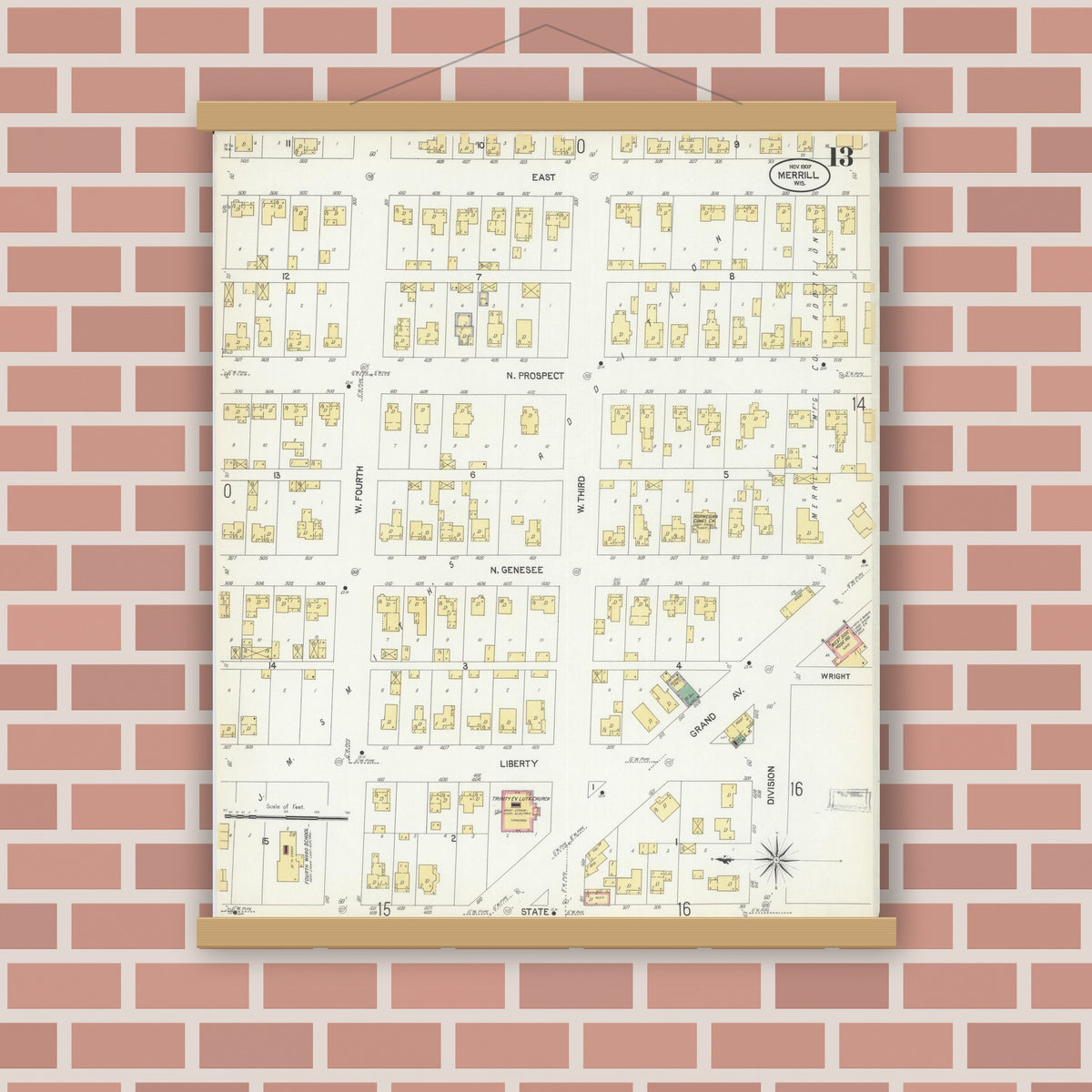 Old map wall art mockup — magnetic wood frame on brick wall — Sanborn Fire Insurance Map from Merrill, Lincoln County, Wisconsin (1907), Sheet #0013