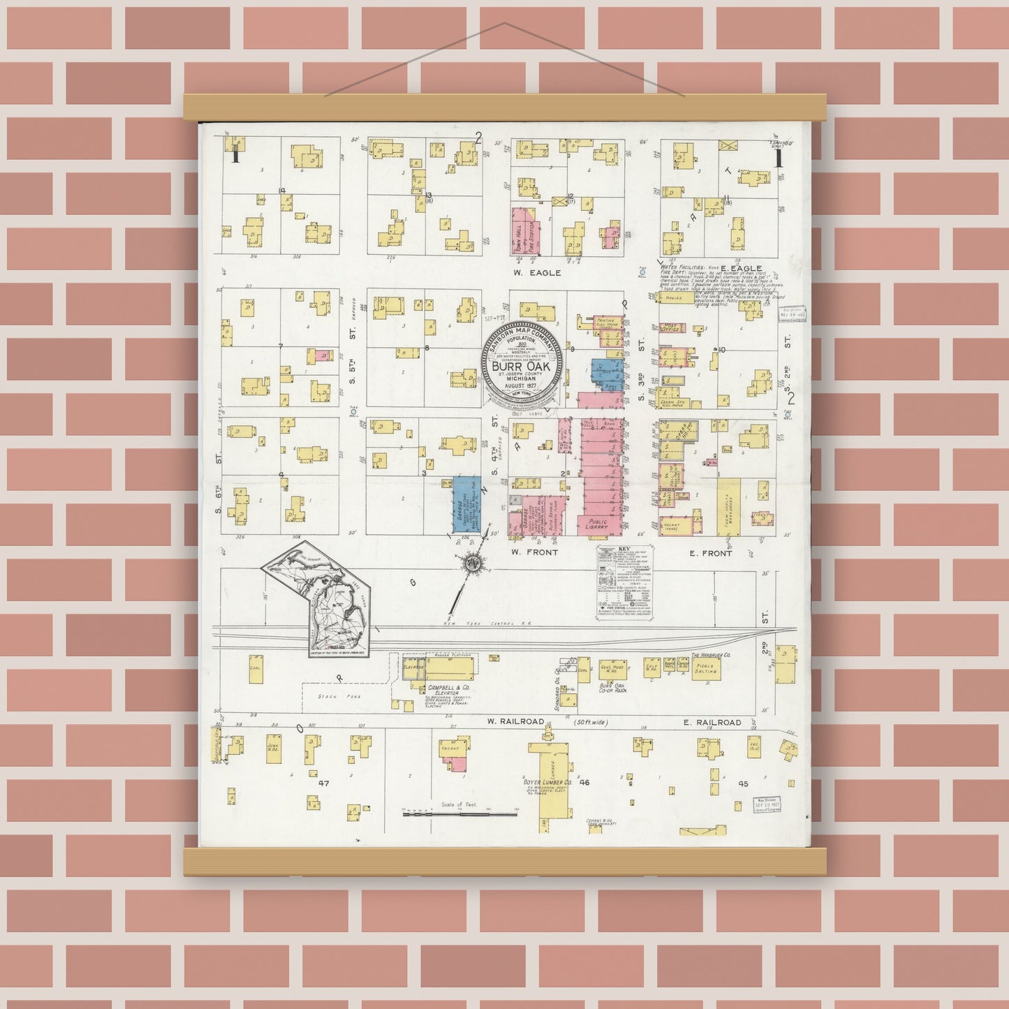 Old map wall art mockup — magnetic wood frame on brick wall — Sanborn Fire Insurance Map from Burr Oak, Saint Joseph County, Michigan (1927) - Complete Map Set