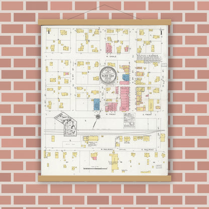 Old map wall art mockup — magnetic wood frame on brick wall — Sanborn Fire Insurance Map from Burr Oak, Saint Joseph County, Michigan (1927) - Complete Map Set
