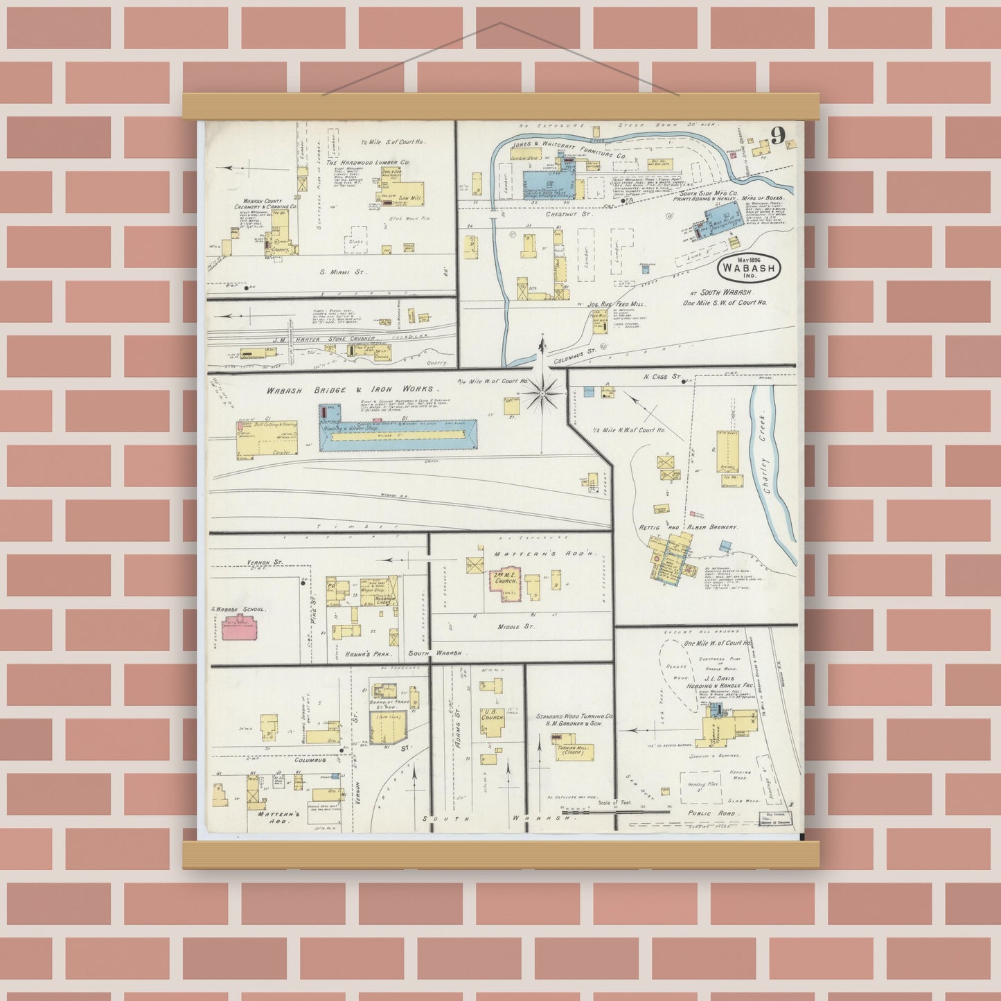 Old map wall art mockup — magnetic wood frame on brick wall — Sanborn Fire Insurance Map from Wabash, Wabash County, Indiana (1896), Sheet #0009