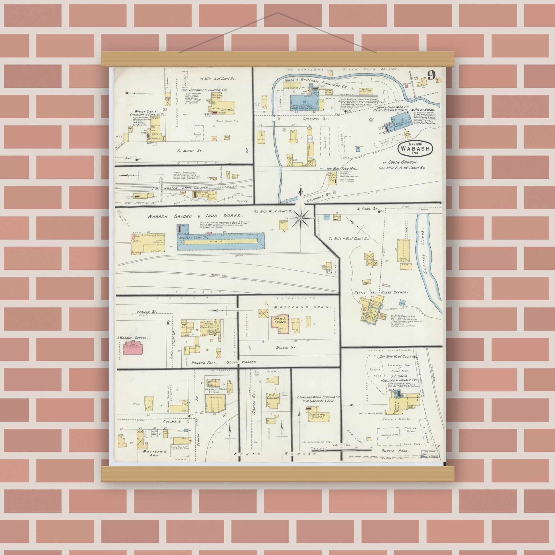 Old map wall art mockup — magnetic wood frame on brick wall — Sanborn Fire Insurance Map from Wabash, Wabash County, Indiana (1896), Sheet #0009