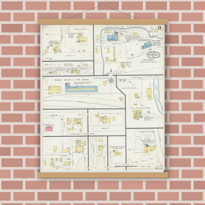 Old map wall art mockup — magnetic wood frame on brick wall — Sanborn Fire Insurance Map from Wabash, Wabash County, Indiana (1896), Sheet #0009