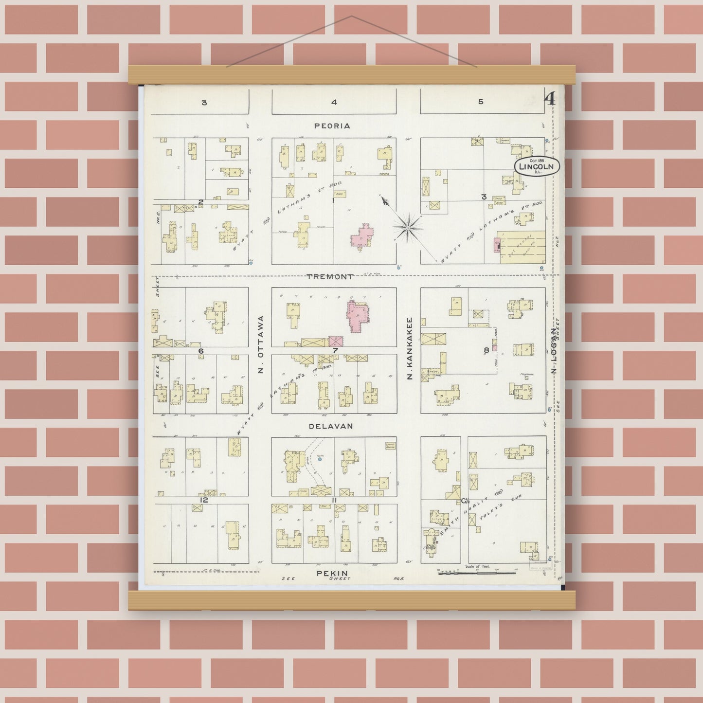 Old map wall art mockup — magnetic wood frame on brick wall — Sanborn Fire Insurance Map from Lincoln, Logan County, Illinois (1891), Sheet #0004