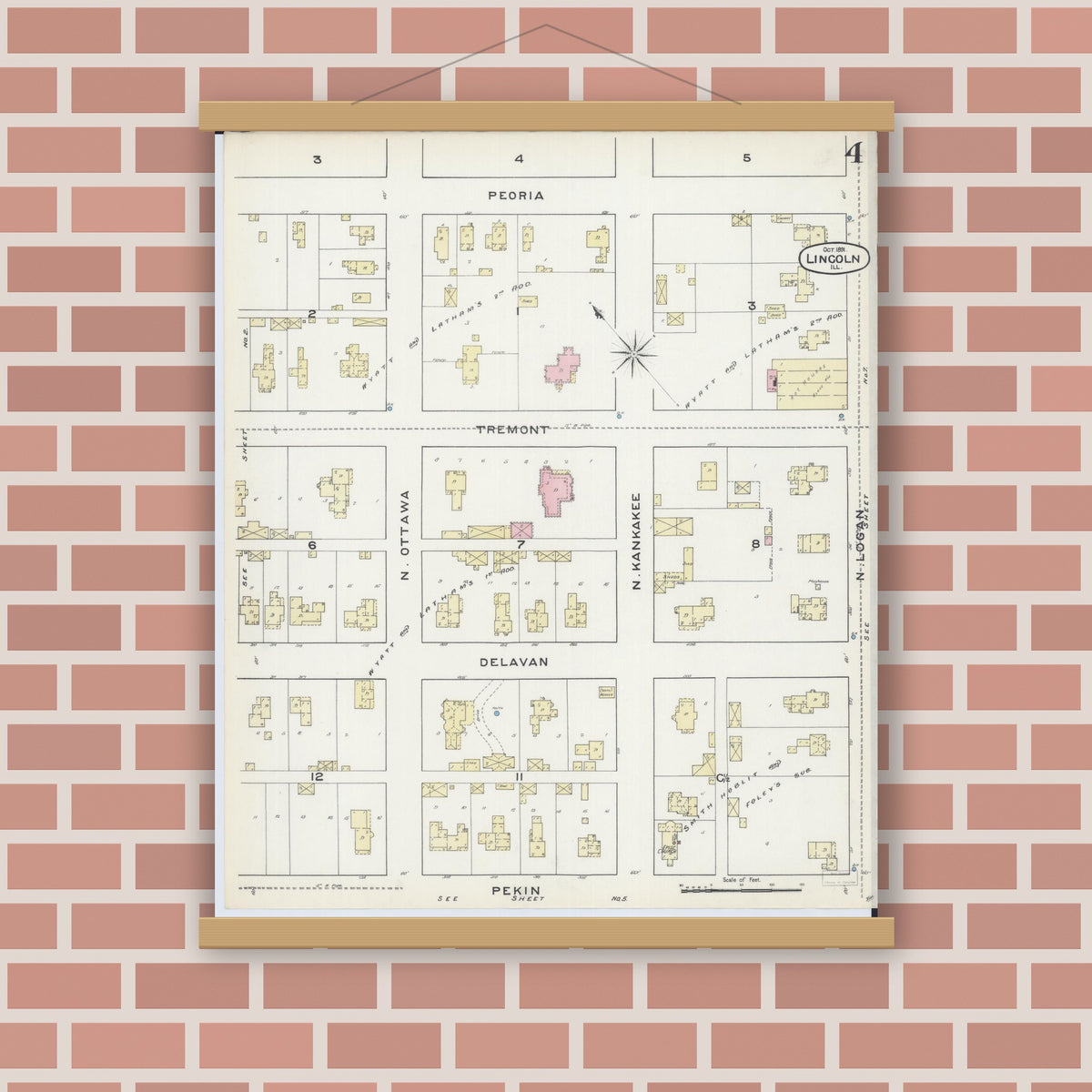 Old map wall art mockup — magnetic wood frame on brick wall — Sanborn Fire Insurance Map from Lincoln, Logan County, Illinois (1891), Sheet #0004
