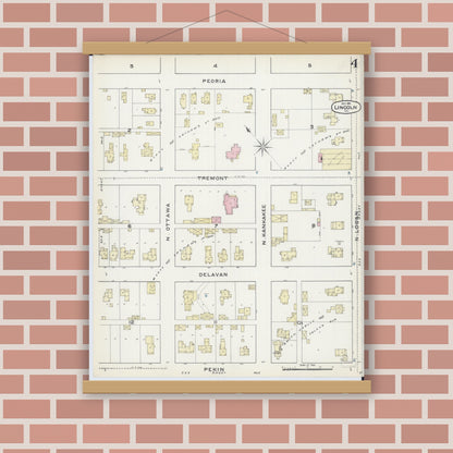 Old map wall art mockup — magnetic wood frame on brick wall — Sanborn Fire Insurance Map from Lincoln, Logan County, Illinois (1891), Sheet #0004