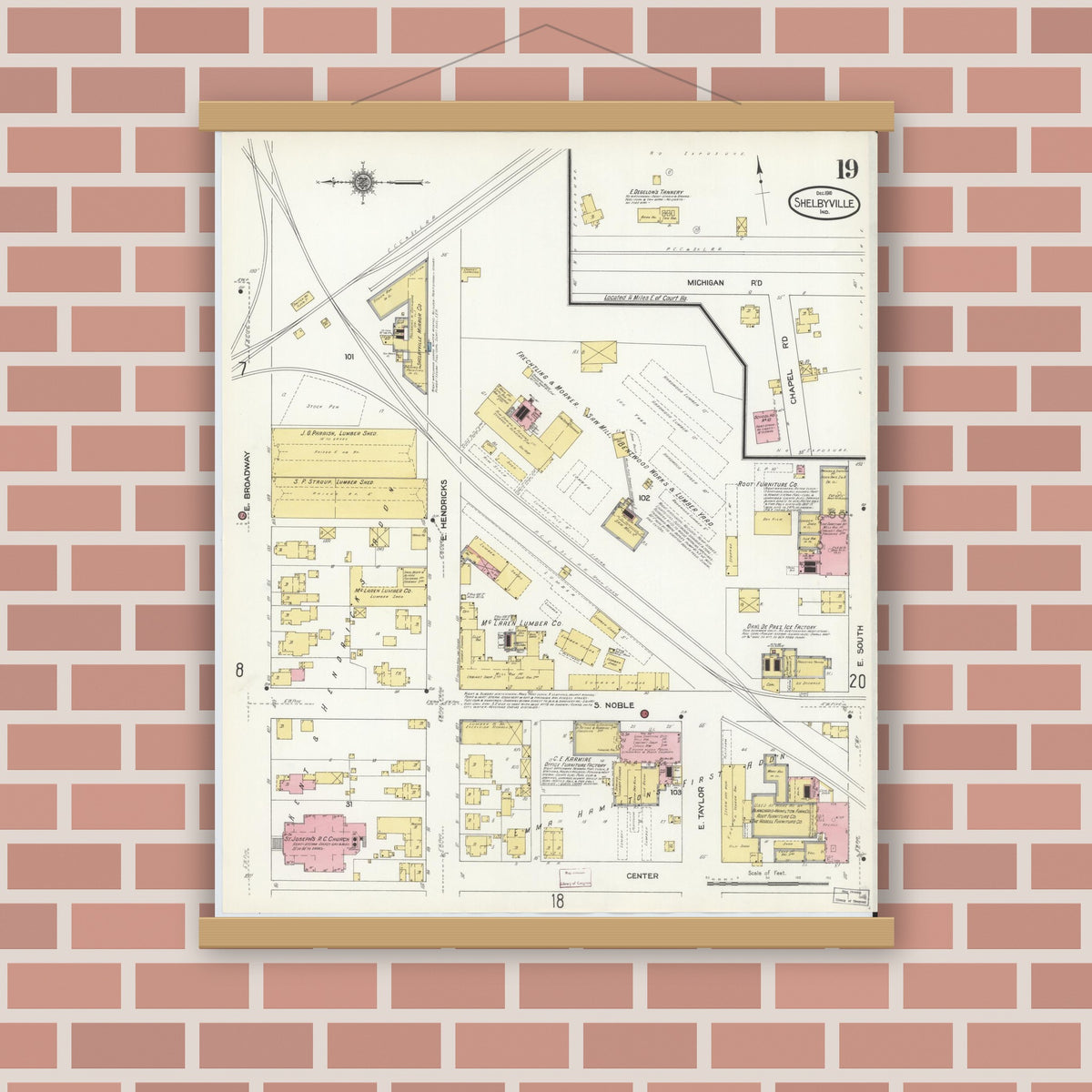 Old map wall art mockup — magnetic wood frame on brick wall — Sanborn Fire Insurance Map from Shelbyville, Shelby County, Indiana (1910), Sheet #0019