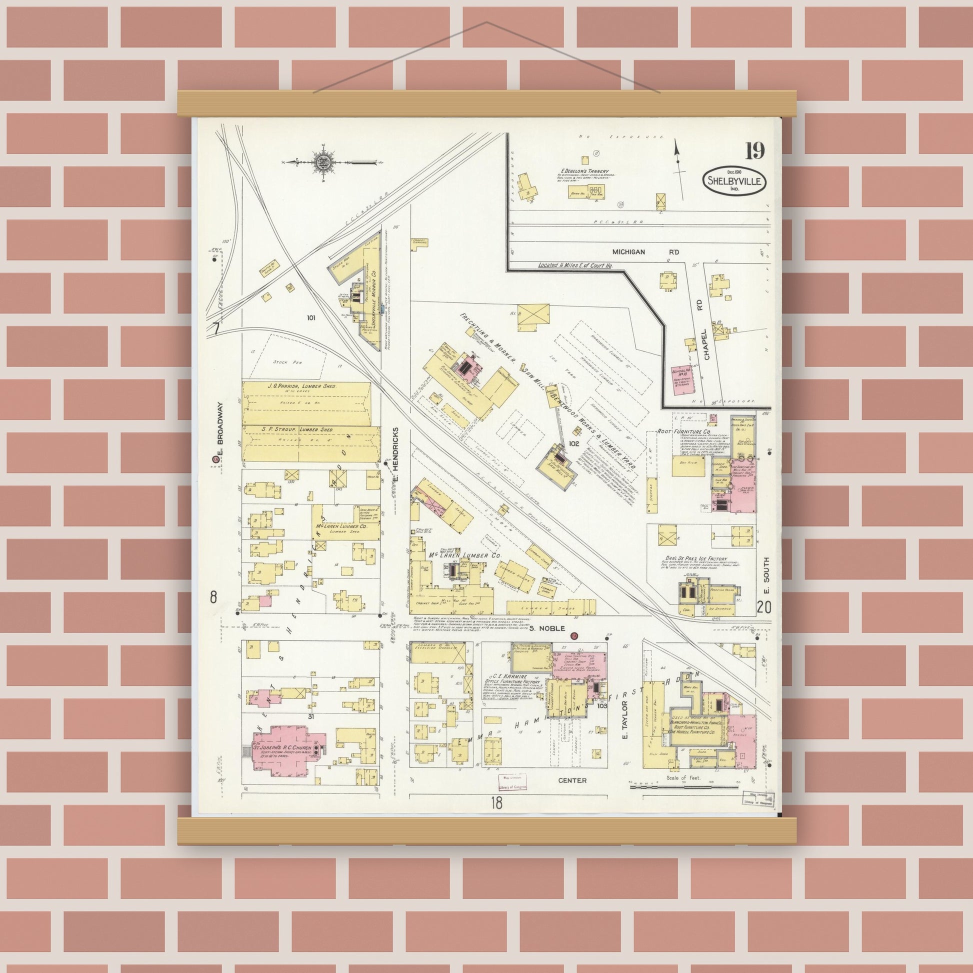 Old map wall art mockup — magnetic wood frame on brick wall — Sanborn Fire Insurance Map from Shelbyville, Shelby County, Indiana (1910), Sheet #0019