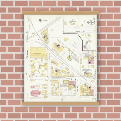 Old map wall art mockup — magnetic wood frame on brick wall — Sanborn Fire Insurance Map from Shelbyville, Shelby County, Indiana (1910), Sheet #0019