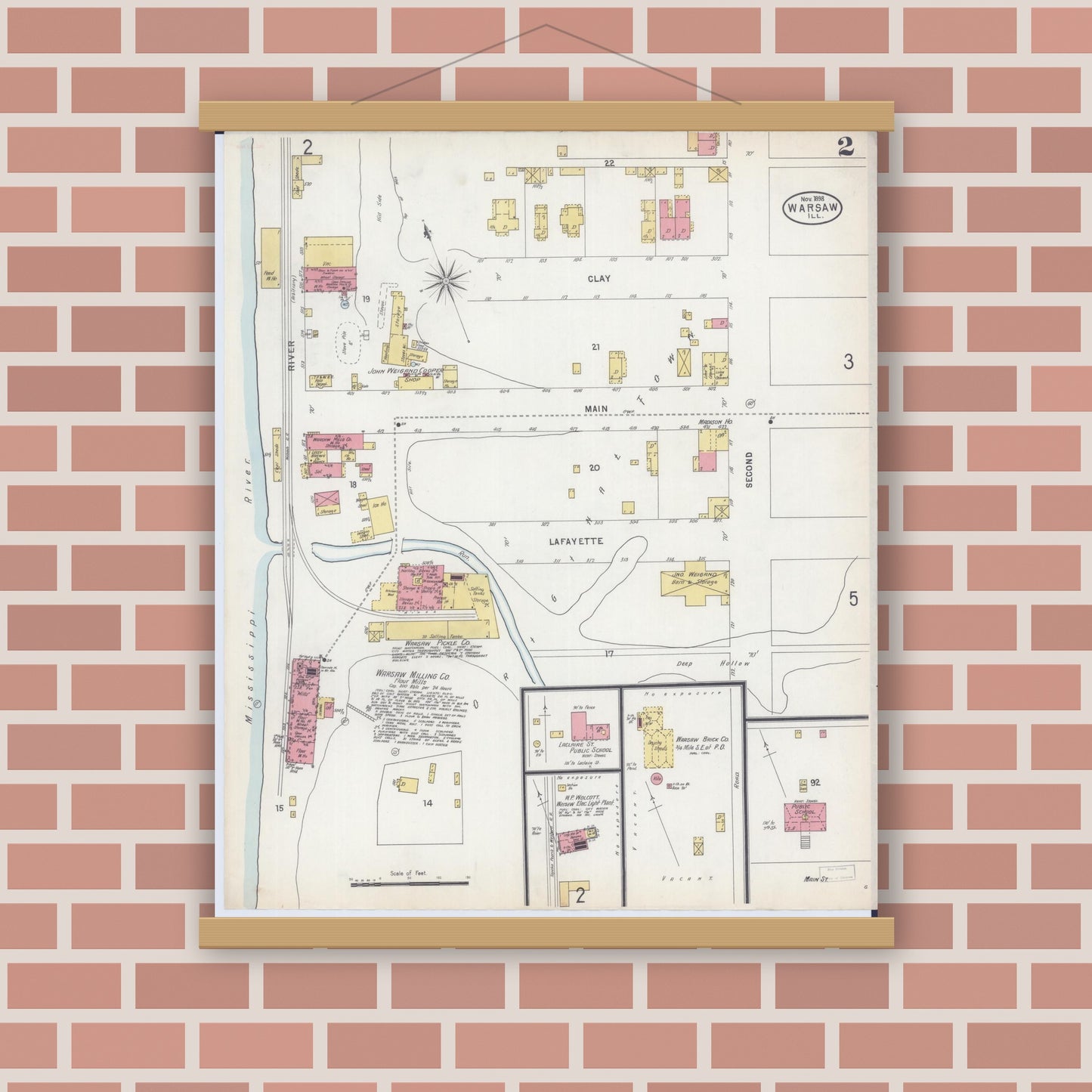 Old map wall art mockup — magnetic wood frame on brick wall — Sanborn Fire Insurance Map from Warsaw, Hancock County, Illinois (1898), Sheet #0002