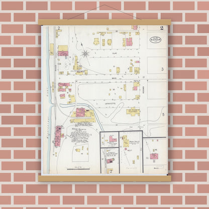 Old map wall art mockup — magnetic wood frame on brick wall — Sanborn Fire Insurance Map from Warsaw, Hancock County, Illinois (1898), Sheet #0002