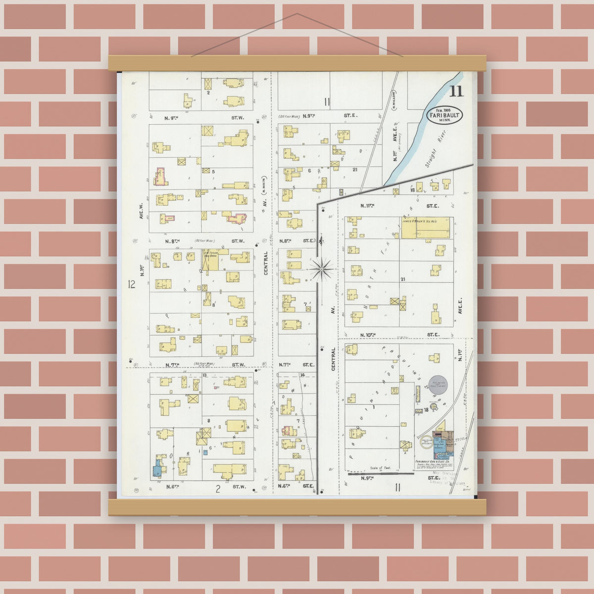 Old map wall art mockup — magnetic wood frame on brick wall — Sanborn Fire Insurance Map from Faribault, Rice County, Minnesota (1905), Sheet #0011