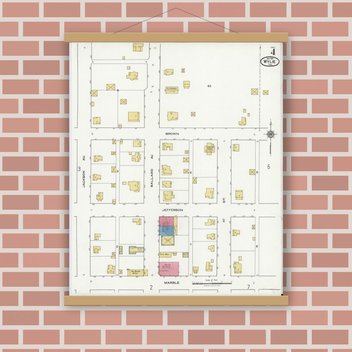 Old map wall art mockup — magnetic wood frame on brick wall — Sanborn Fire Insurance Map from Wylie, Collin County, Texas (1921), Sheet #0004