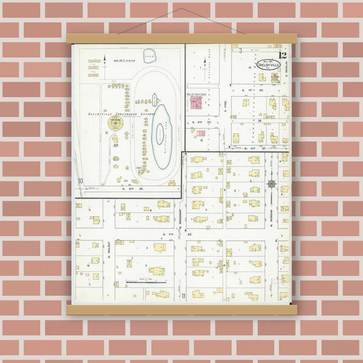Old map wall art mockup — magnetic wood frame on brick wall — Sanborn Fire Insurance Map from Shelbyville, Shelby County, Illinois (1911), Sheet #0012
