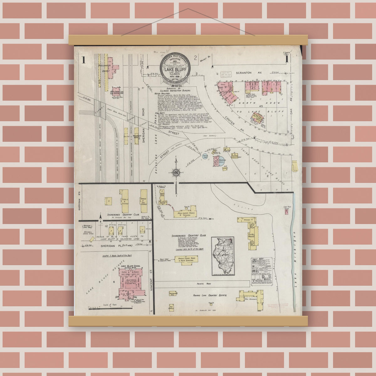 Old map wall art mockup — magnetic wood frame on brick wall — Sanborn Fire Insurance Map from Lake Bluff, Lake County, Illinois (1928) - Complete Map Set