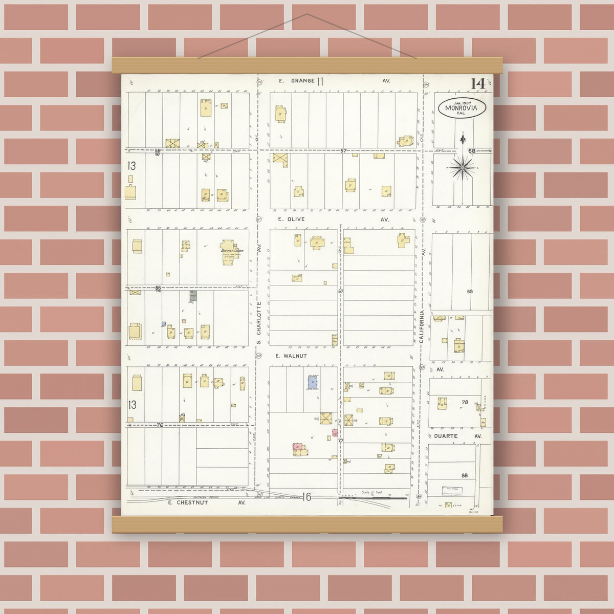 Old map wall art mockup — magnetic wood frame on brick wall — Sanborn Fire Insurance Map from Monrovia, Los Angeles County, California (1907), Sheet #0014