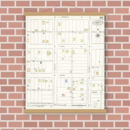 Old map wall art mockup — magnetic wood frame on brick wall — Sanborn Fire Insurance Map from Monrovia, Los Angeles County, California (1907), Sheet #0014
