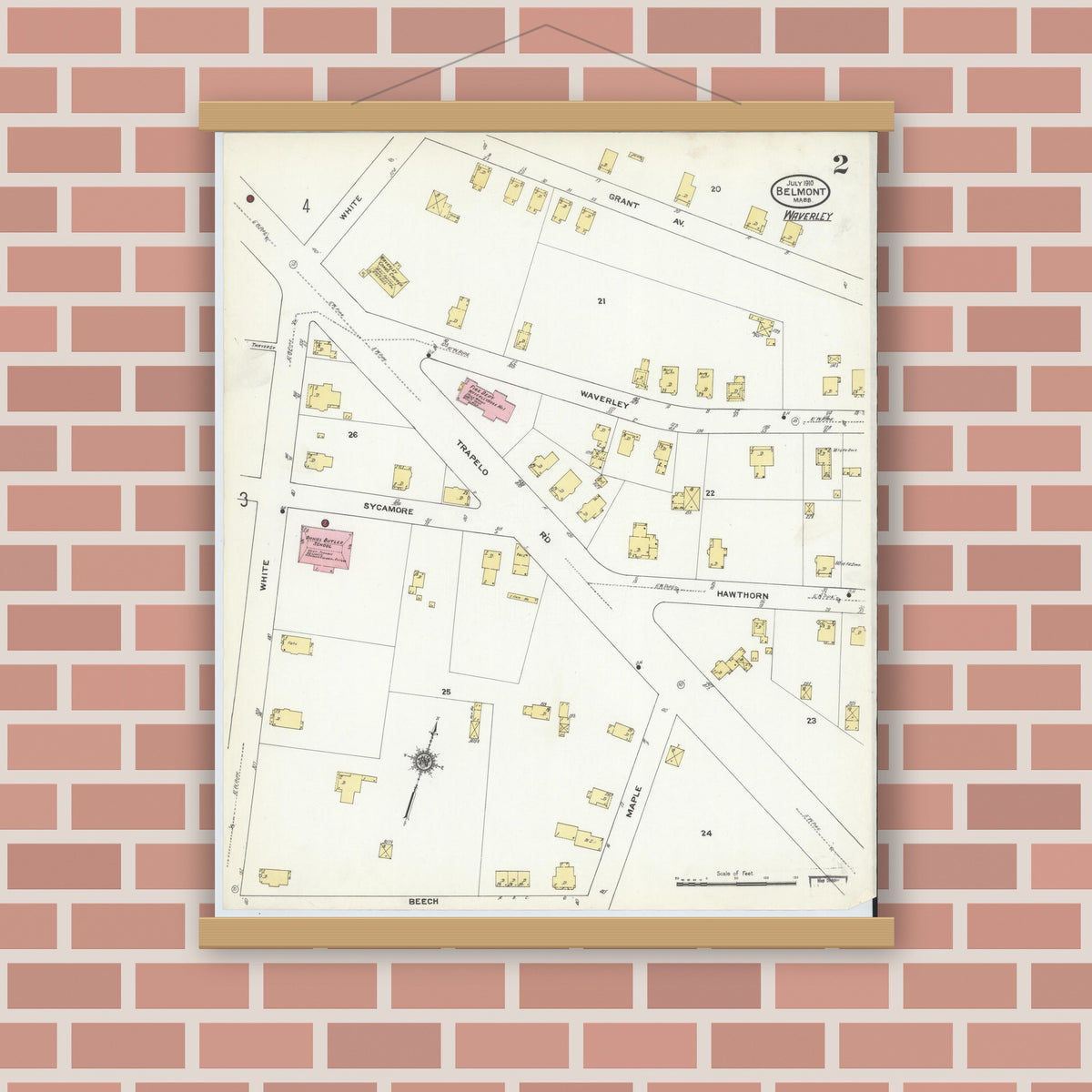 Old map wall art mockup — magnetic wood frame on brick wall — Sanborn Fire Insurance Map from Belmont, Middlesex County, Massachusetts (1910), Sheet #0002
