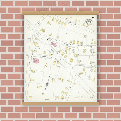 Old map wall art mockup — magnetic wood frame on brick wall — Sanborn Fire Insurance Map from Belmont, Middlesex County, Massachusetts (1910), Sheet #0002