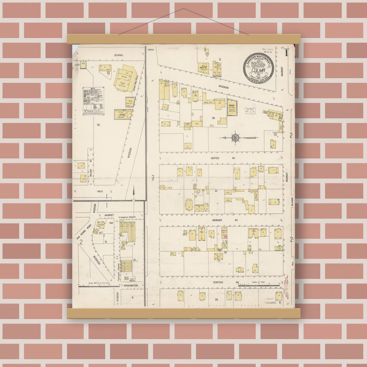 Old map wall art mockup — magnetic wood frame on brick wall — Sanborn Fire Insurance Map from Colma, San Mateo County, California (1915), Sheet #0001