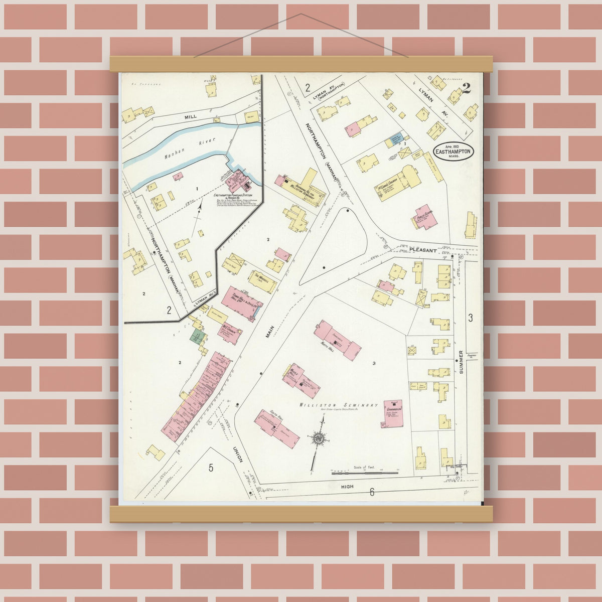 Old map wall art mockup — magnetic wood frame on brick wall — Sanborn Fire Insurance Map from East Hampton, Hampshire County, Massachusetts (1910), Sheet #0002