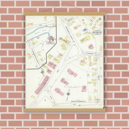 Old map wall art mockup — magnetic wood frame on brick wall — Sanborn Fire Insurance Map from East Hampton, Hampshire County, Massachusetts (1910), Sheet #0002