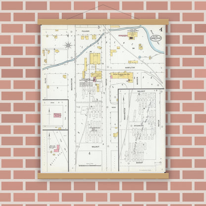 Old map wall art mockup — magnetic wood frame on brick wall — Sanborn Fire Insurance Map from Grayville, White And Edwards Counties, Illinois (1900), Sheet #0004