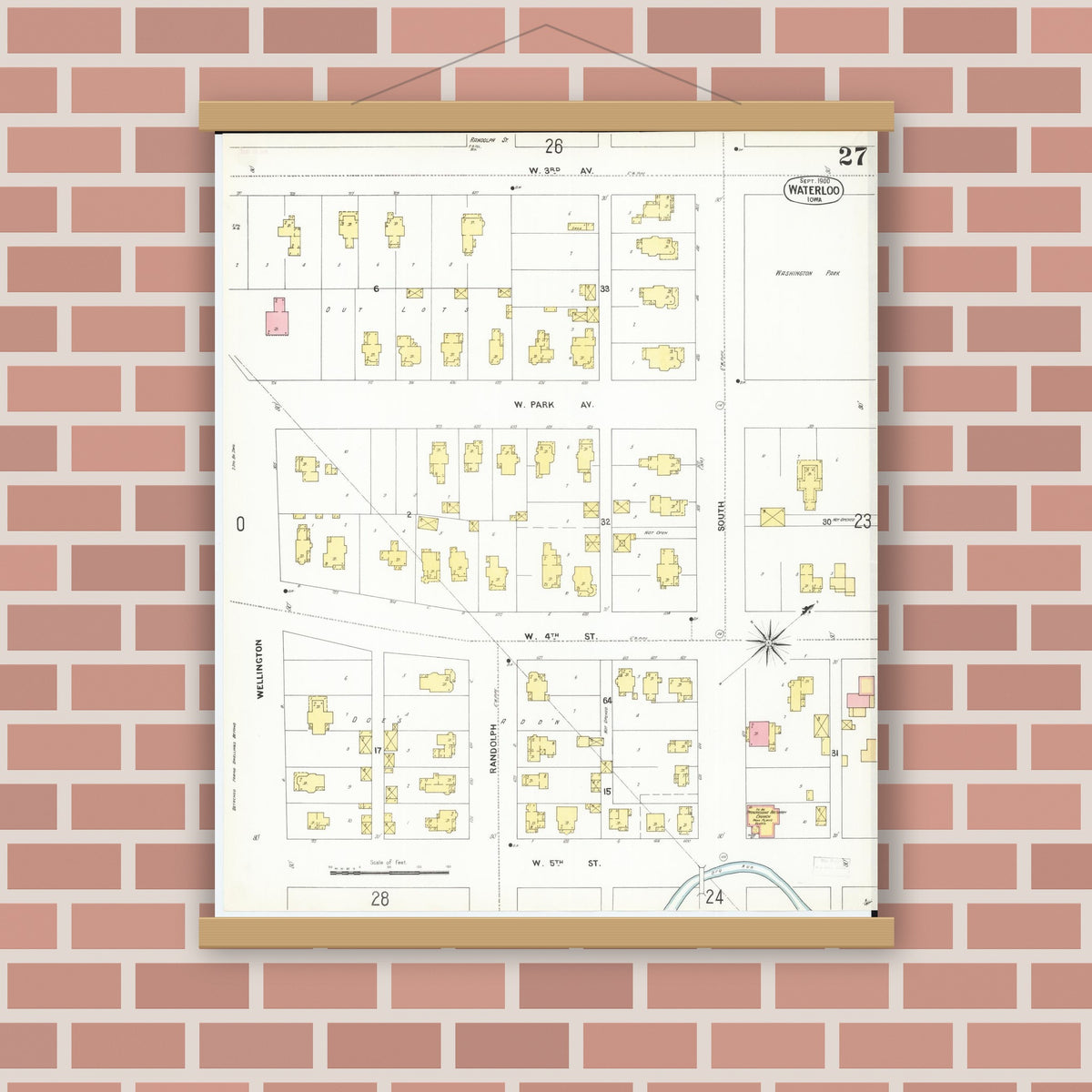 Old map wall art mockup — magnetic wood frame on brick wall — Sanborn Fire Insurance Map from Waterloo, Black Hawk County, Iowa (1900), Sheet #0027