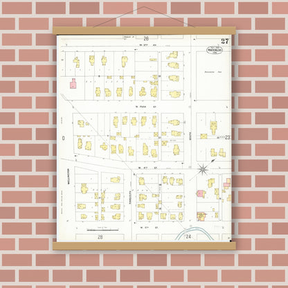 Old map wall art mockup — magnetic wood frame on brick wall — Sanborn Fire Insurance Map from Waterloo, Black Hawk County, Iowa (1900), Sheet #0027