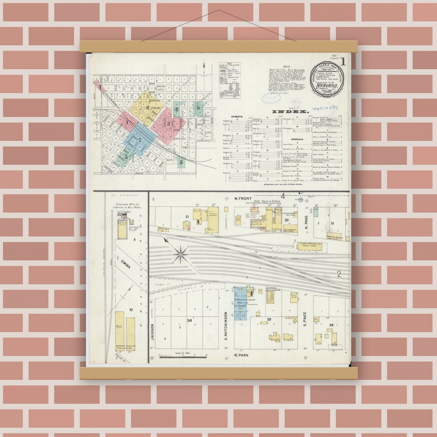 Old map wall art mockup — magnetic wood frame on brick wall — Sanborn Fire Insurance Map from Harvard, McHenry County, Illinois (1897), Sheet #0001