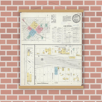 Old map wall art mockup — magnetic wood frame on brick wall — Sanborn Fire Insurance Map from Harvard, McHenry County, Illinois (1897), Sheet #0001