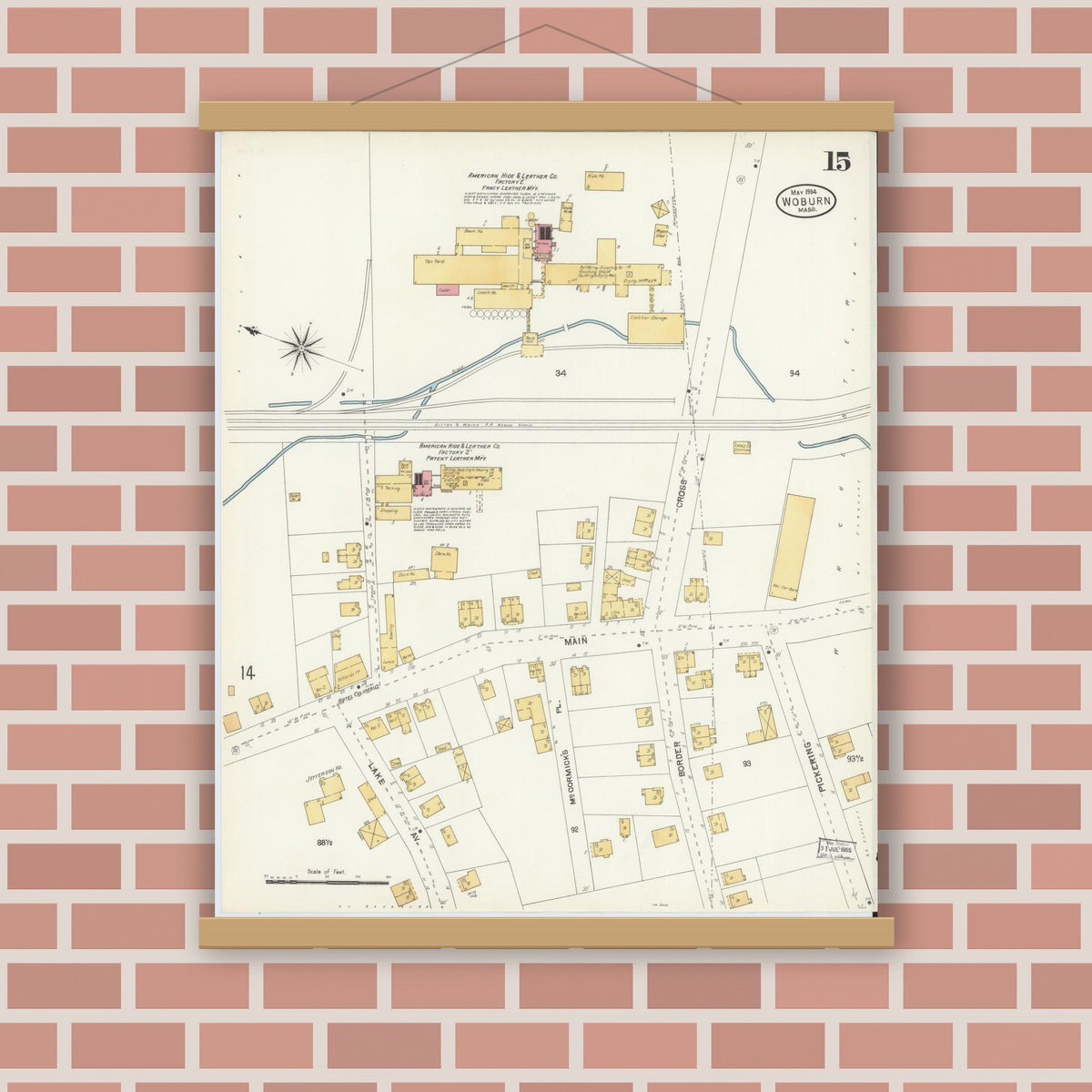 Old map wall art mockup — magnetic wood frame on brick wall — Sanborn Fire Insurance Map from Woburn, Middlesex County, Massachusetts (1904), Sheet #0015