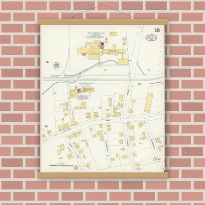 Old map wall art mockup — magnetic wood frame on brick wall — Sanborn Fire Insurance Map from Woburn, Middlesex County, Massachusetts (1904), Sheet #0015