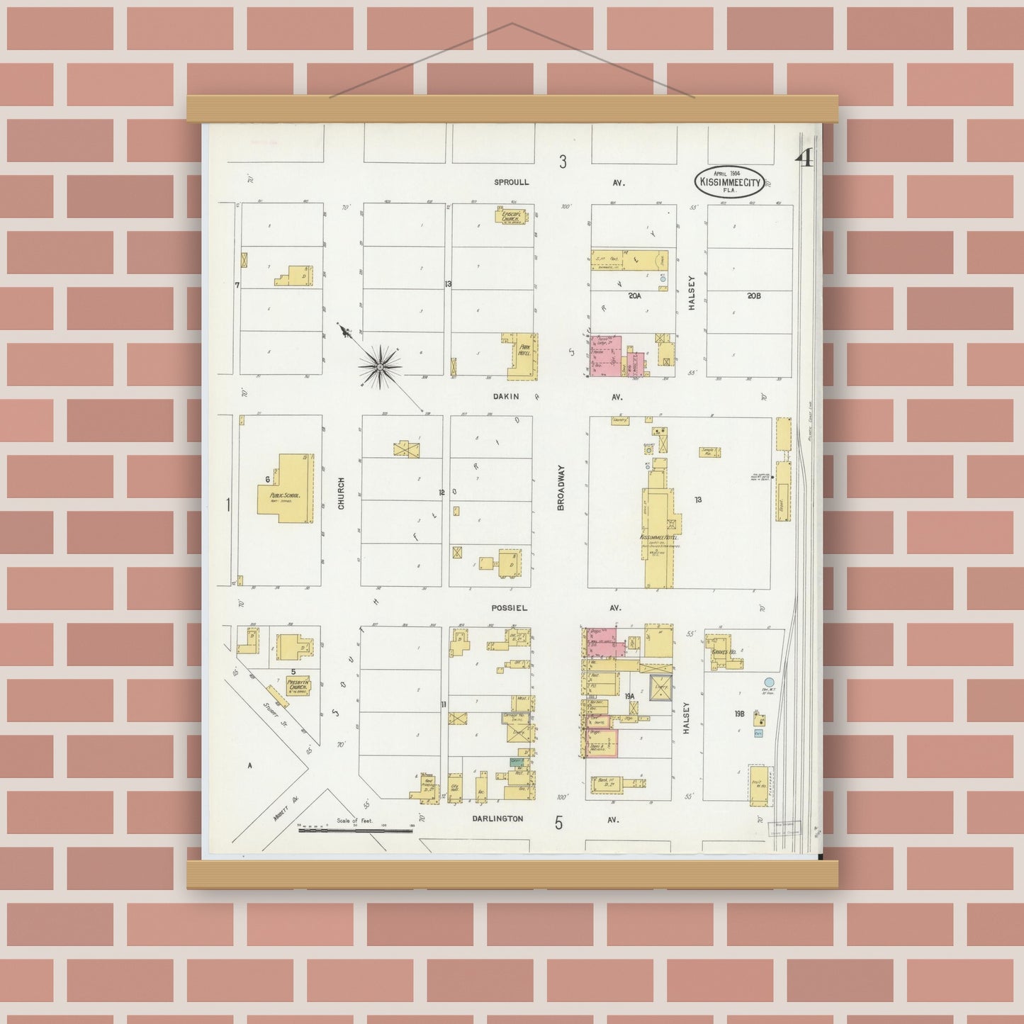 Old map wall art mockup — magnetic wood frame on brick wall — Sanborn Fire Insurance Map from Kissimmee, Osceola County, Florida (1904), Sheet #0004