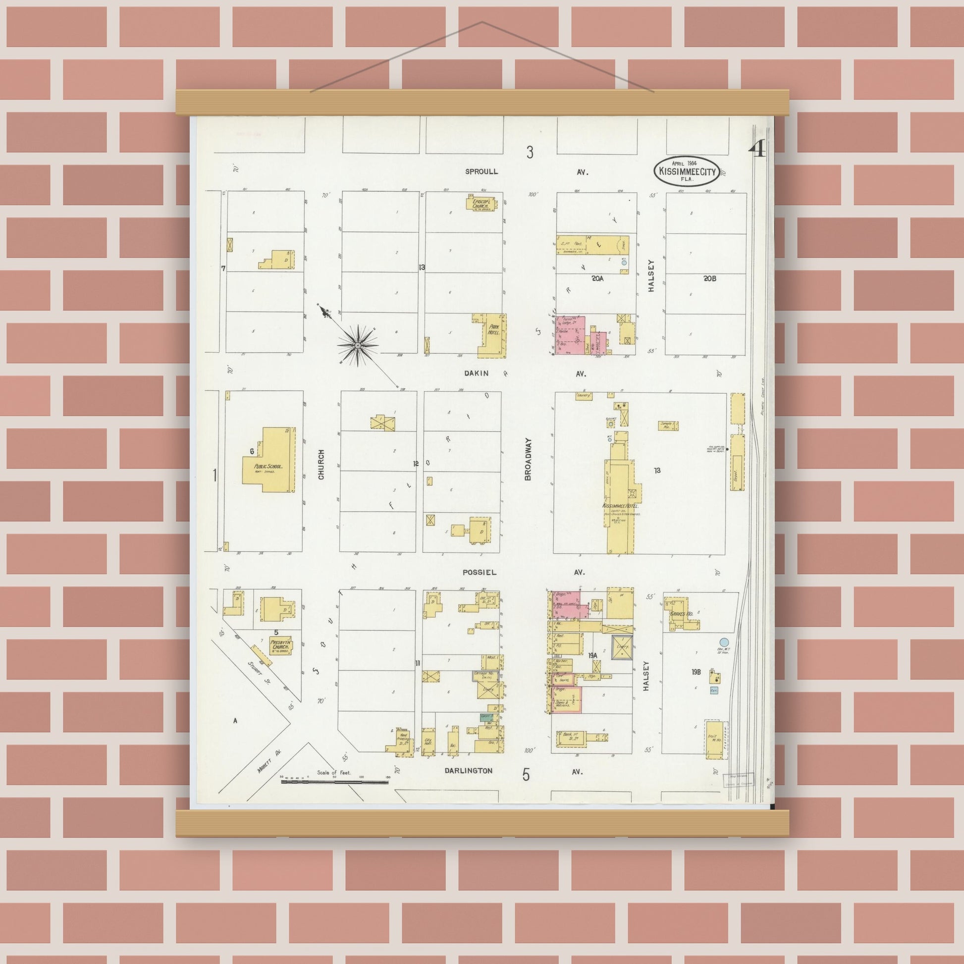 Old map wall art mockup — magnetic wood frame on brick wall — Sanborn Fire Insurance Map from Kissimmee, Osceola County, Florida (1904), Sheet #0004