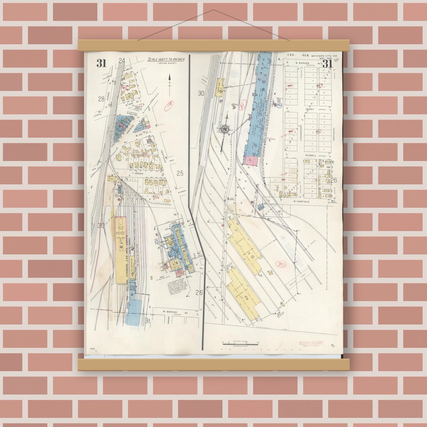 Old map wall art mockup — magnetic wood frame on brick wall — Sanborn Fire Insurance Map from Michigan City, La Porte County, Indiana (1948), Sheet #0031